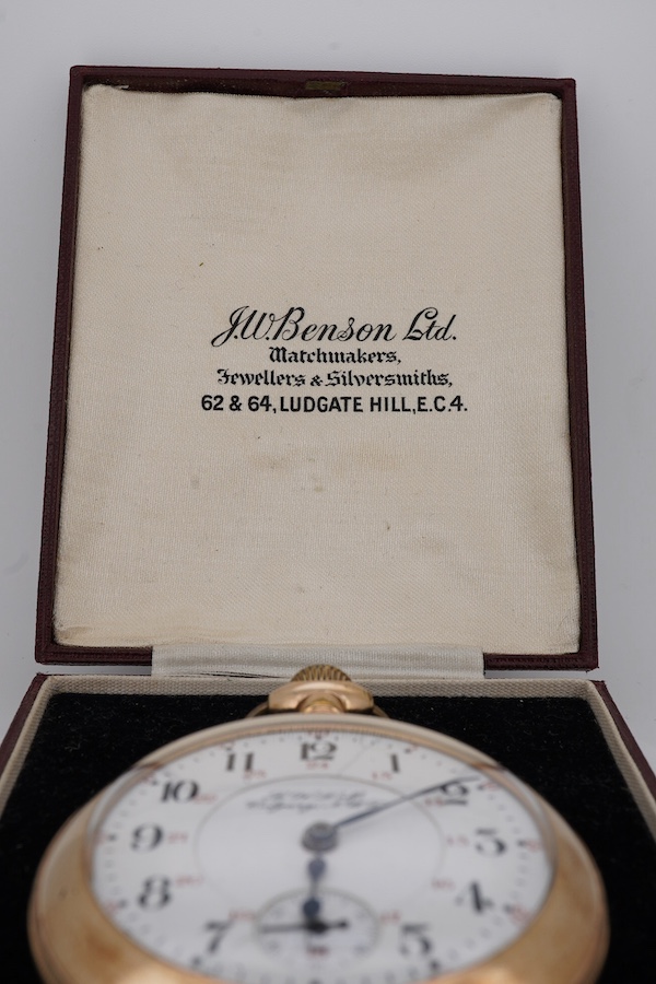 An American gold plated L.H. Doll, Calgery, N.W.J. open faced keyless pocket watch, with Arabic dial and subsidiary seconds, case diameter 53mm. Condition - poor